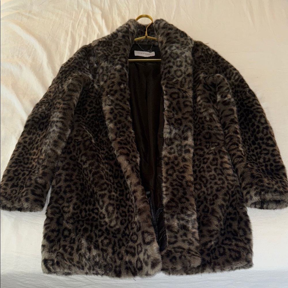 Calvin Klein Leopard Faux Fur Coat Plush Lined Jacket